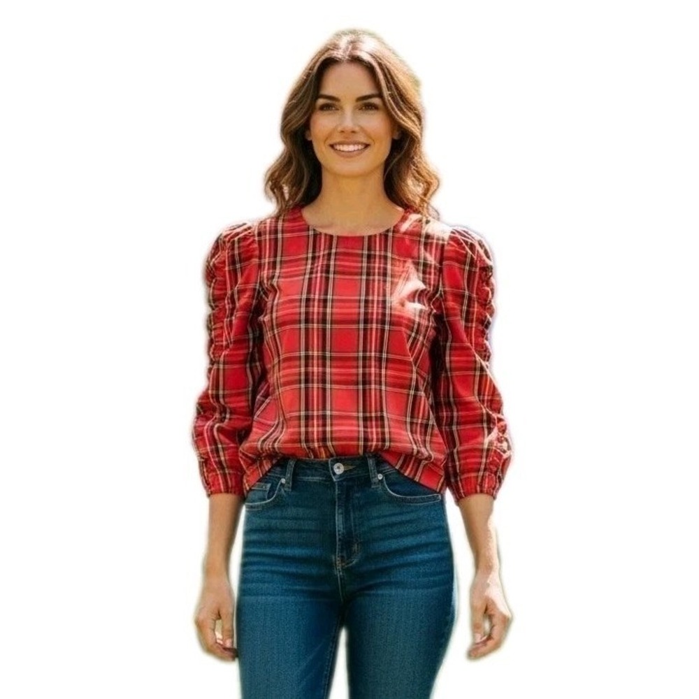 J.CREW Tartan Plaid Ruffled Puff Sleeves Steward Festive Holiday Wear Preppy S